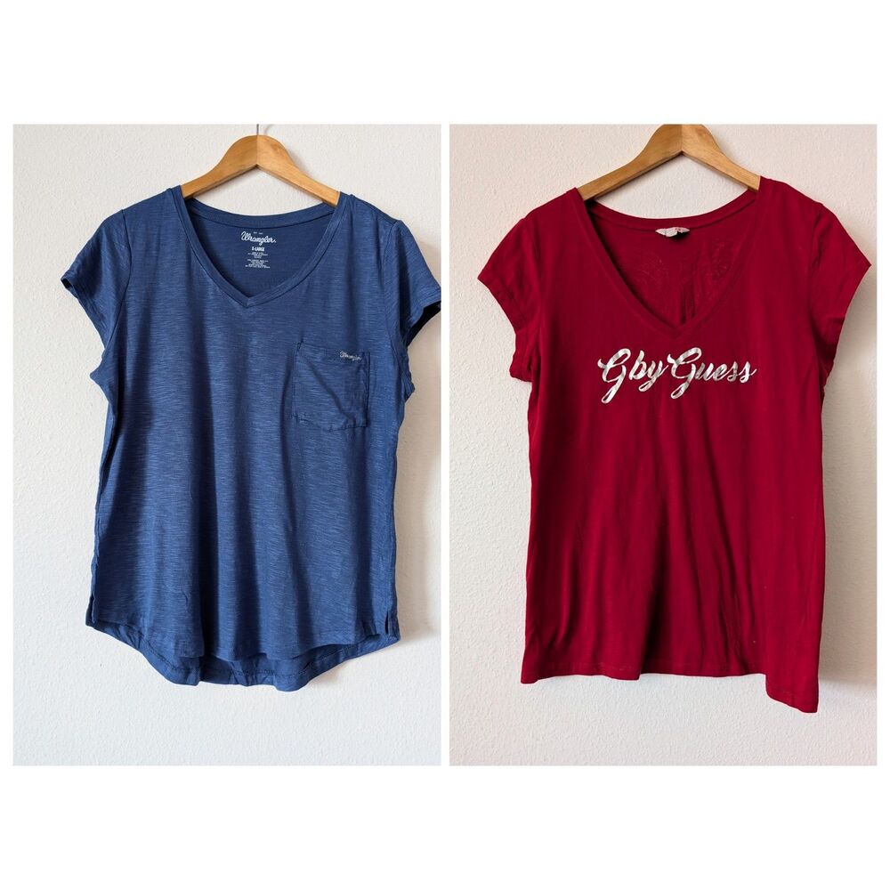 Lot of 2 XL Graphic T-Shirts Guess Angel Wings Red & Wrangler Blue